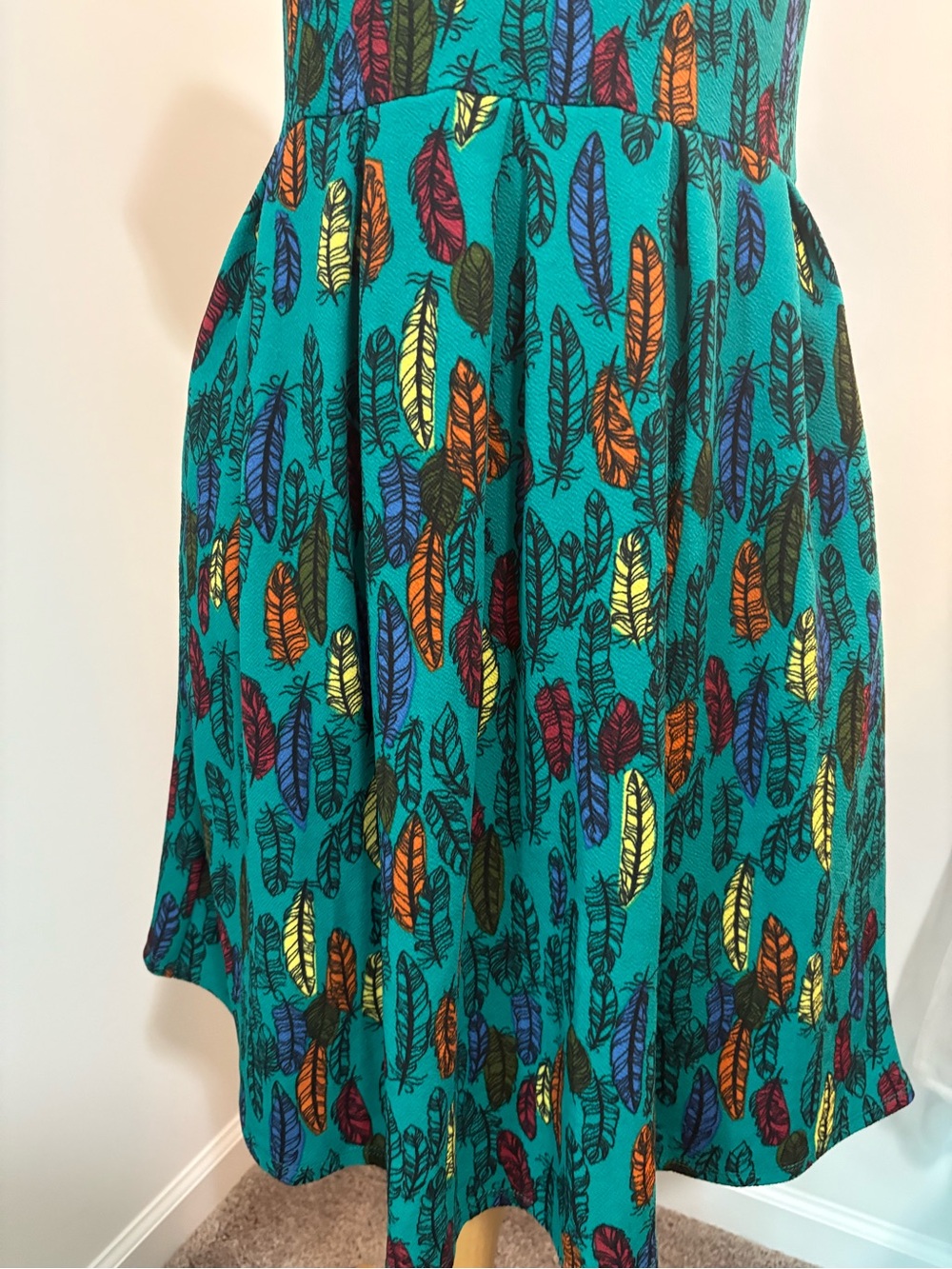 Teal Feather-Print Fit & Flare Dress - Picture 3 of 9